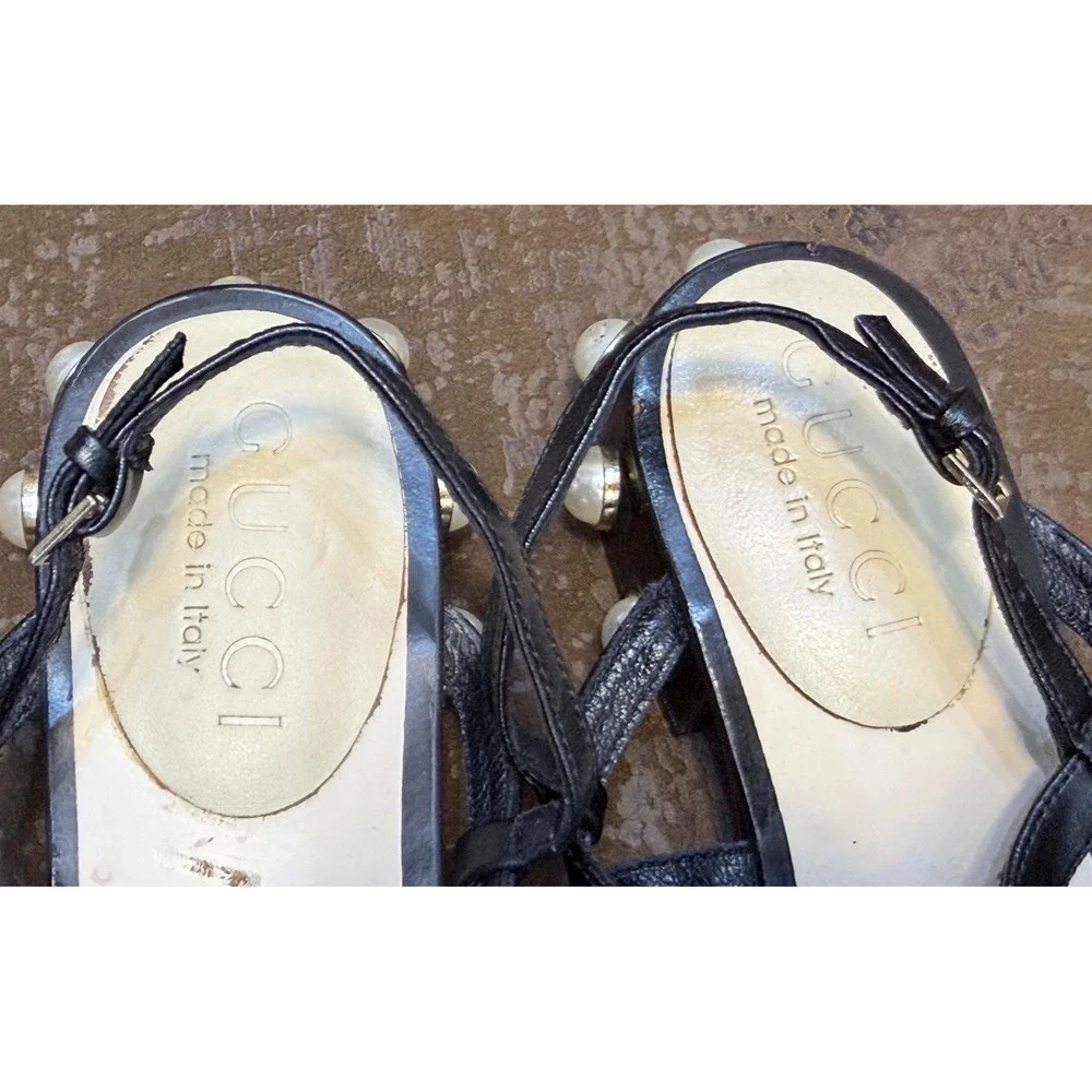Gucci Cherry Crystal Pearl Leather Thong Sandals Black White Pink‎ Size 36